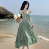 法式优雅浪漫v领连衣裙女 荷叶边扭结设计绿色碎花吊带裙度假长裙