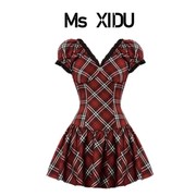 Ms XIDU复古少女 气质裙子女收腰显瘦短裙小个子红色格子连衣裙夏