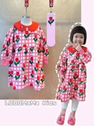 韩国童装bebe家24年春季粉色满印郁金香格子娃娃领长袖连衣裙