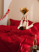 高端浪漫婚庆100支长绒棉，全棉四件套提花刺绣，大红色被套床上用品