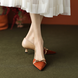 法式真皮拼色蝴蝶结高跟鞋，女2023年春季时尚，浅口尖头细跟单鞋