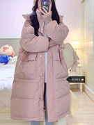 大码韩系粉色羽绒棉服女冬季长款连帽韩版大口袋宽松加厚棉衣外套