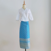 西双版纳传统傣族服装女绣花镂空棉上衣长裙两件套工作服夏季薄款