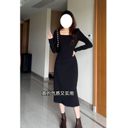 法式黑色长袖连衣裙秋装，女2023修身显瘦开叉，设计感打底长裙子