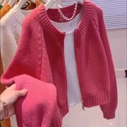 2023韩版宽松慵懒外穿拉链，针织开衫短款玫红色，毛衣外套女秋季