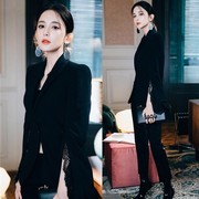 韩国购明星娜扎同款时尚ol职业套装蕾丝拼接开叉小西服两件套西装