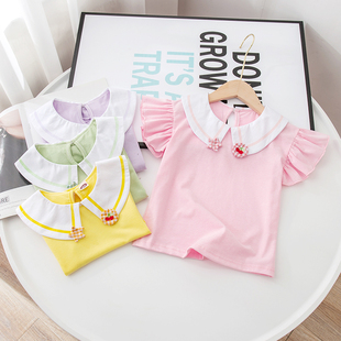 女童夏季t恤韩版纯色娃娃领上衣，小飞袖圆领短袖可爱宝宝夏装3