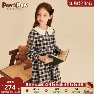pawinpaw卡通小熊童装，2023年秋季女童格纹印花淑女风连衣裙