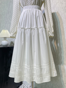 韩国高品质设计白色半身裙女高腰a字中长款蕾丝拼接大摆蓬蓬伞裙