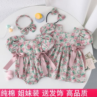2023女宝夏季玫瑰连衣裙，纯棉婴儿三角，哈衣透气短袖网红姐妹装