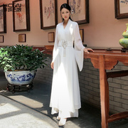 中式国风长裙夏季清凉女蚕丝绸缎V领无尘高腰气质纯色仙气连衣裙