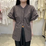 夏季韩版净色泡泡短袖，韩国东大门polo领单排扣设计感个性收腰衬衣