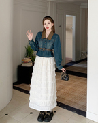 UU安娜大码女装韩系设计感复古减龄牛仔外套蕾丝半身裙气质套装女