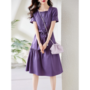 紫色方领短袖连衣裙，女夏2023欧货宽松时尚，气质收腰显瘦a字裙