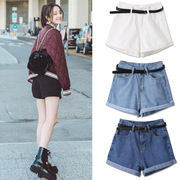 夏季韩版女装卷边学生，休闲女士腰短裤，牛仔裤女裤子