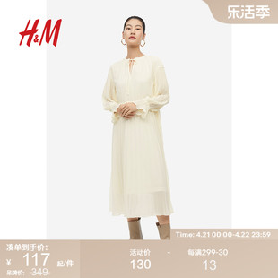 HM女装连衣裙夏季灯笼袖褶裥V领口垂坠感气质长裙1206400