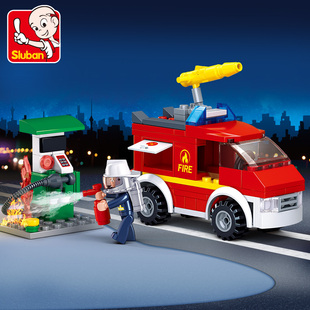 小鲁班拼装积木火警，小型消防车组装模型男孩，创意拼插玩具礼物0623