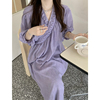 孕妇连衣裙春夏季香芋，紫v领交叉一片式，设计感宽松中长款裙子