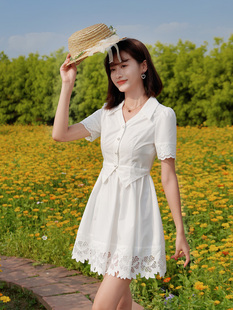 atar假两件衬衣连衣裙女2024夏季短袖衬衫裙，镂空绣花白领裙子
