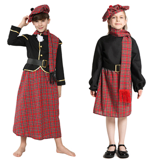 红黑条纹儿童苏格兰民族演出服装童话角色扮演男女童Scottish Cos