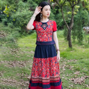 民族风异域风情女装夏季复古少数民族棉麻，印花连衣裙两件套装