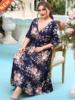 L-4XL大码胖MM女士印花高腰连衣裙Large print lady dress2023