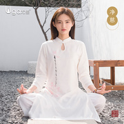 高档瑜伽服套装女春夏中式棉麻白色，瑜珈太极打坐冥想禅修服居士服