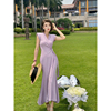 xulu原创夏季香芋紫垫肩设计感系带显身材垂感无袖交叉v领连衣裙