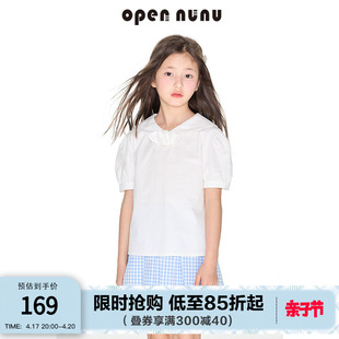 opennunu女童纯棉娃娃领衬衫，小清新甜美手工，玫瑰花泡泡袖短款衬衣