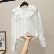 娃娃领衬衫女长袖2023春季纯棉白色法式衬衣设计感小众气质上衣仙