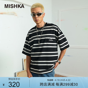 潘易泽同款MISHKA大眼球潮牌2023夏季男士细条纹字母短袖T恤
