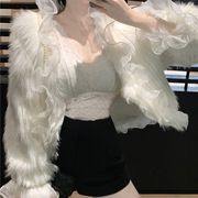 白色蕾丝荷叶边仿皮草外套，女装法式名媛纯欲风，冬季设计感短款高腰
