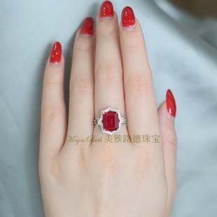 红宝石戒指方形925纯银镀白金微镶钻 宫廷款欧美外单老婆女友礼物