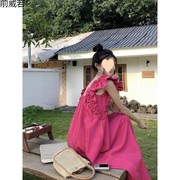 小飞袖玫红色无袖方领连衣裙女夏季2023性感露背修身显瘦裙威