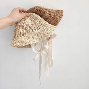 儿童草帽夏季沙滩防晒蕾丝带，洋气帽子女童宝宝防晒帽，亲子款草编帽