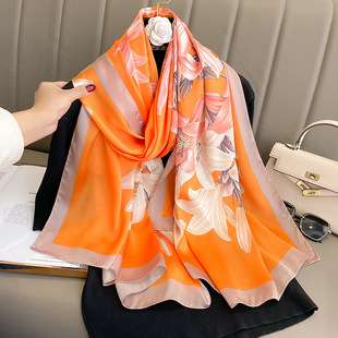 洋气橘色米色丝巾女百搭春夏时尚围巾长款外搭旅游披肩薄款纱巾