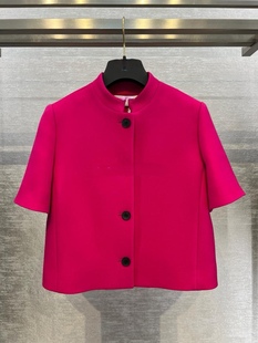 春夏法式玫红色立领短款百搭气质名媛赫本风短袖显瘦上衣外套