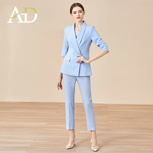 ad蓝色青果领西装正装女职业，套装气质七分袖，干练小西服时尚白领装