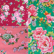 原创中国风全棉布料东北大花布，面料服装民族风怀旧绿色紫红牡丹花