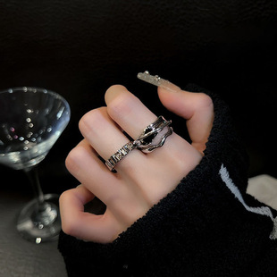 几何冷淡风ins黑水晶戒指女小众设计时尚个性高 级感食指戒男指环