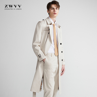米白色春秋季风衣，男2024超长款过膝翻领，潮流休闲气质英伦外套