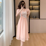 中式国风2024夏粉色短袖荷叶边雪纺裙拼接碎花高腰显瘦中长裙