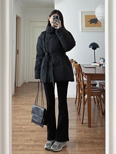 黑色收腰显瘦羽绒棉服女2023冬季高级感短款腰带立领棉衣外套