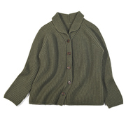 定纺纱线拼色橄榄绿抽条加厚复古文艺秋冬针织羊绒开衫外套