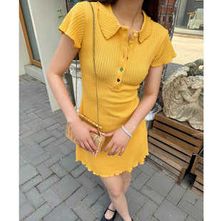 ACRAB 翻领条纹黄色收腰显瘦夏季慵懒法式短袖连衣裙女