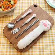 餐具套装筷子勺子304不锈钢学生可爱猫爪三件套一人用便携餐盒女