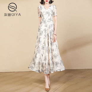 欧根纱连衣裙女2024短袖夏季高端气质白色高个子大摆长款裙子