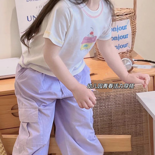韩版童装夏季女童白色纯棉短袖，t恤儿童，紫色休闲工装裤运动套装