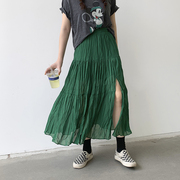 雪纺半身裙女夏季薄款2023垂感褶皱长裙高腰，a字开叉绿色裙子