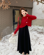 UU安娜大码女装新中式圣诞新年红色针织毛衣外套+黑色连衣裙套装